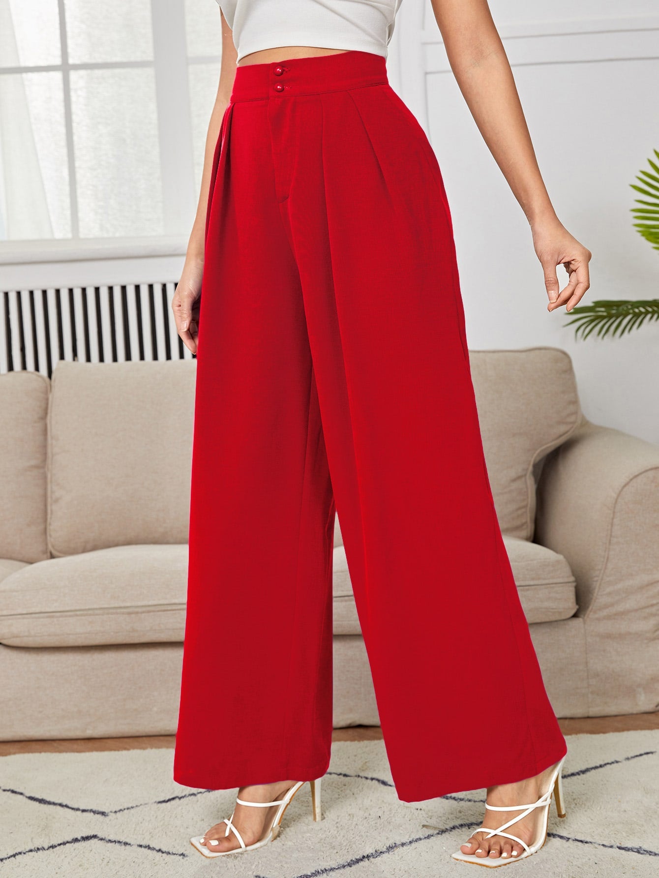 Calça Julian De Cintura Alta Com Detalhes Plissados e Pernas Largas - Tiffani Moda Feminina