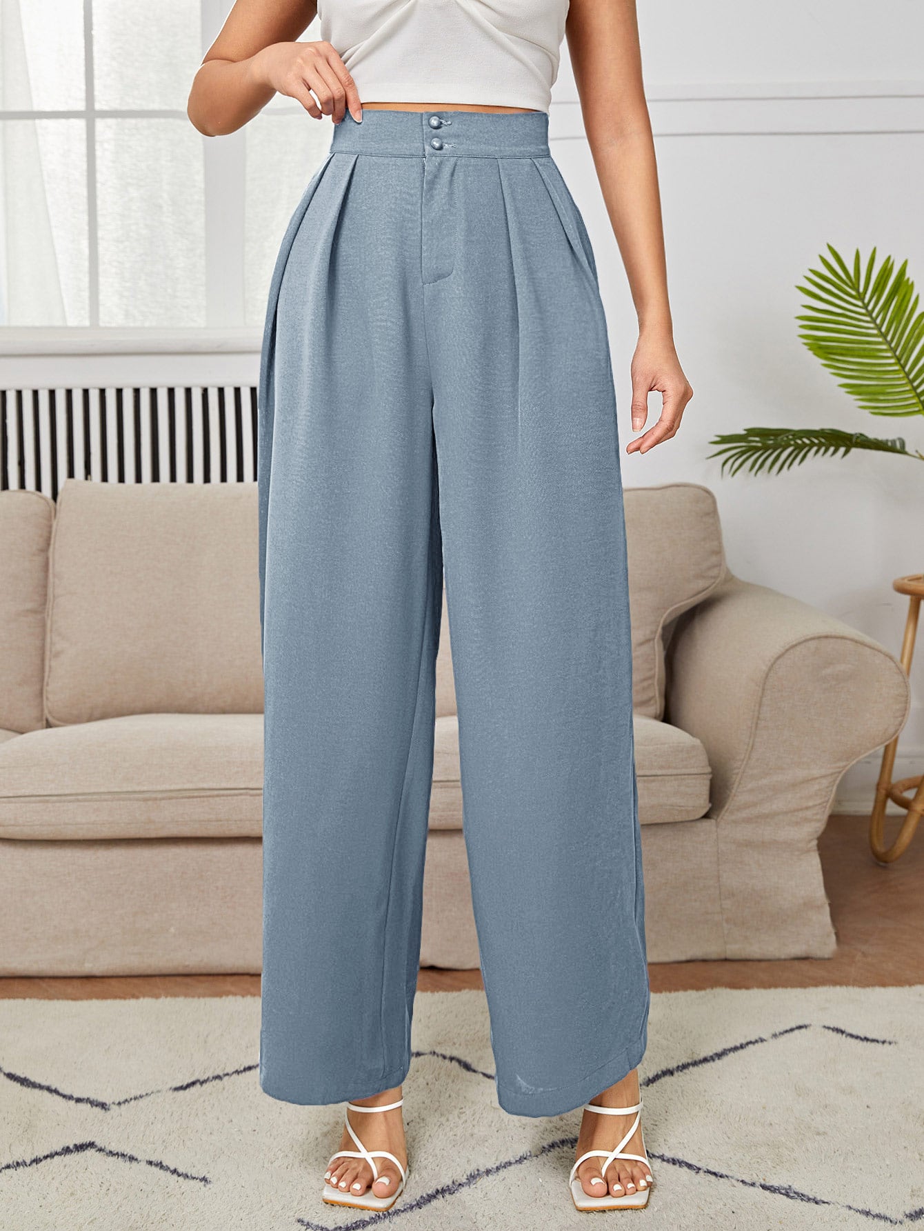 Calça Julian De Cintura Alta Com Detalhes Plissados e Pernas Largas - Tiffani Moda Feminina