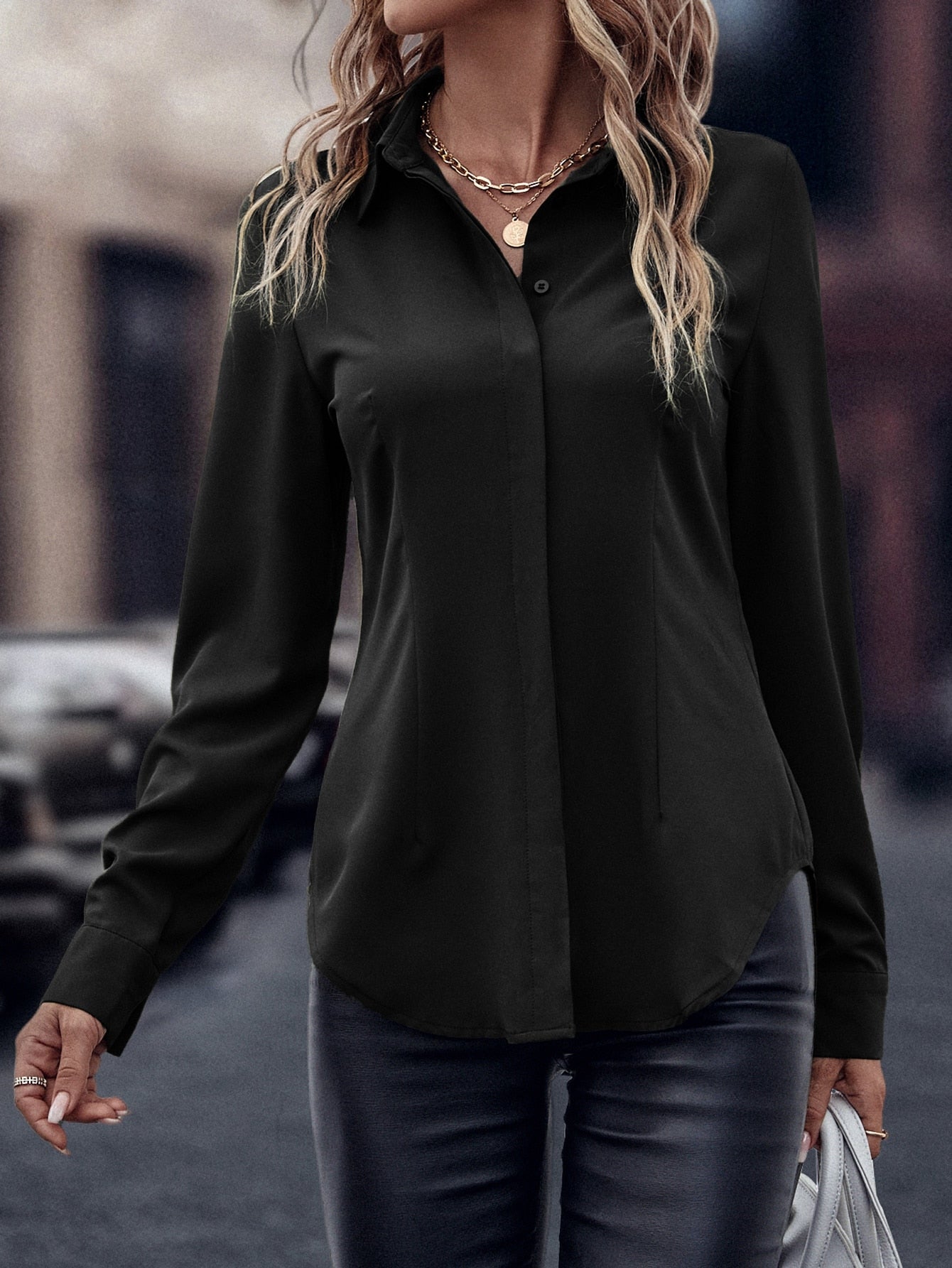 Camisa Merien De Manga Longa De Cor Sólida - Tiffani Moda Feminina