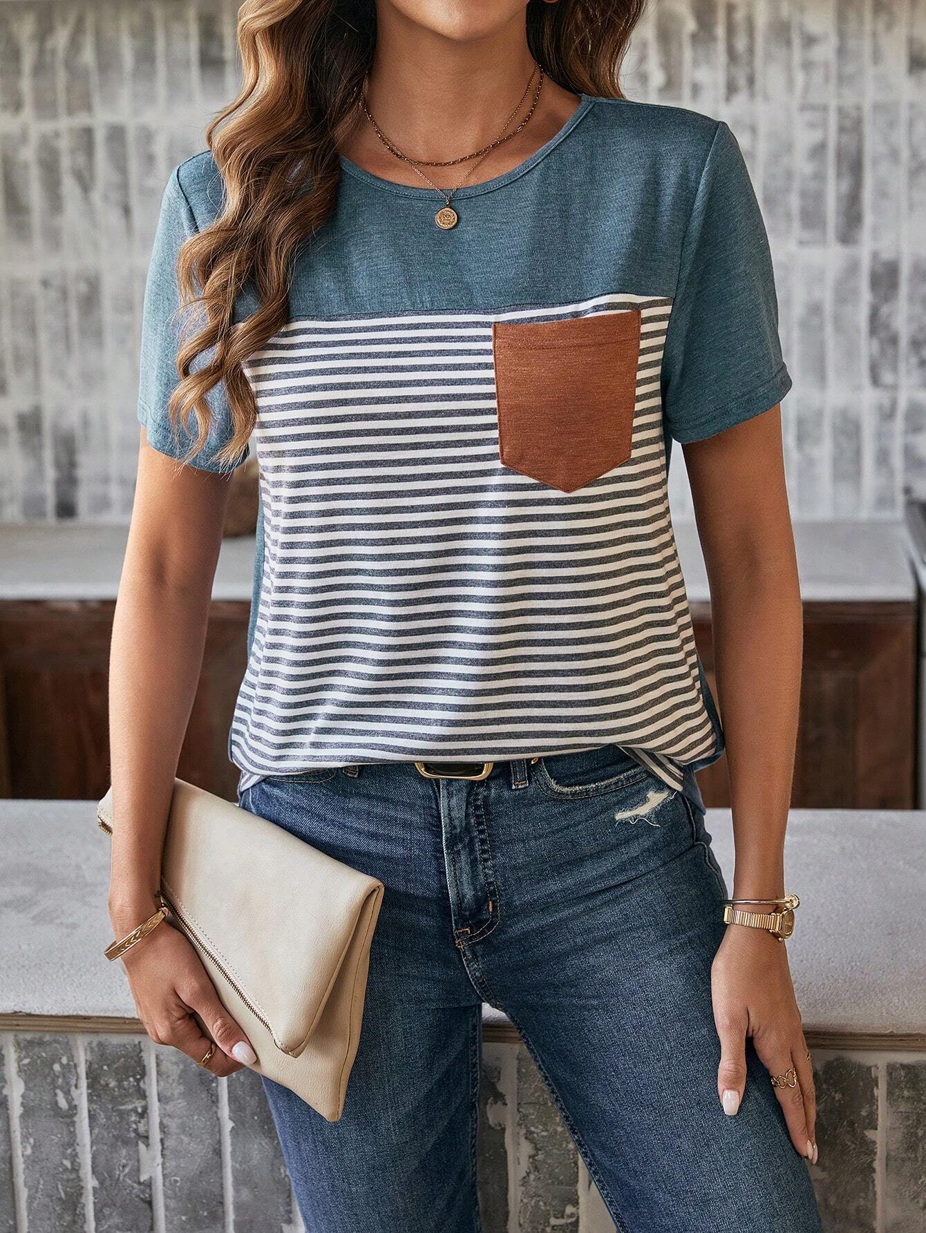 Camiseta Vivian Com Bolso Listrado - Tiffani Moda Feminina