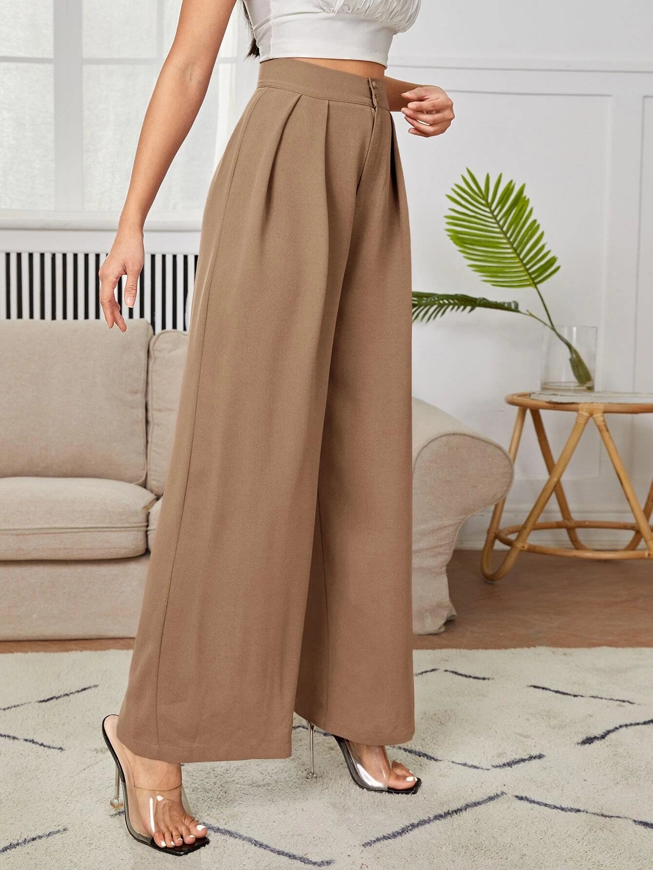 Calça Julian De Cintura Alta Com Detalhes Plissados e Pernas Largas - Tiffani Moda Feminina