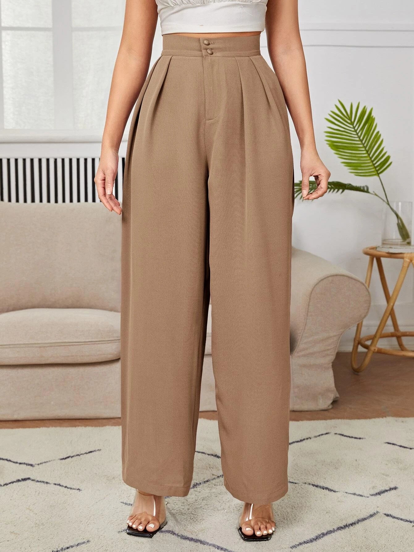 Calça Julian De Cintura Alta Com Detalhes Plissados e Pernas Largas - Tiffani Moda Feminina
