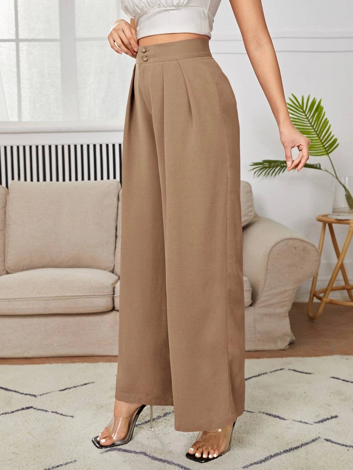 Calça Julian De Cintura Alta Com Detalhes Plissados e Pernas Largas - Tiffani Moda Feminina