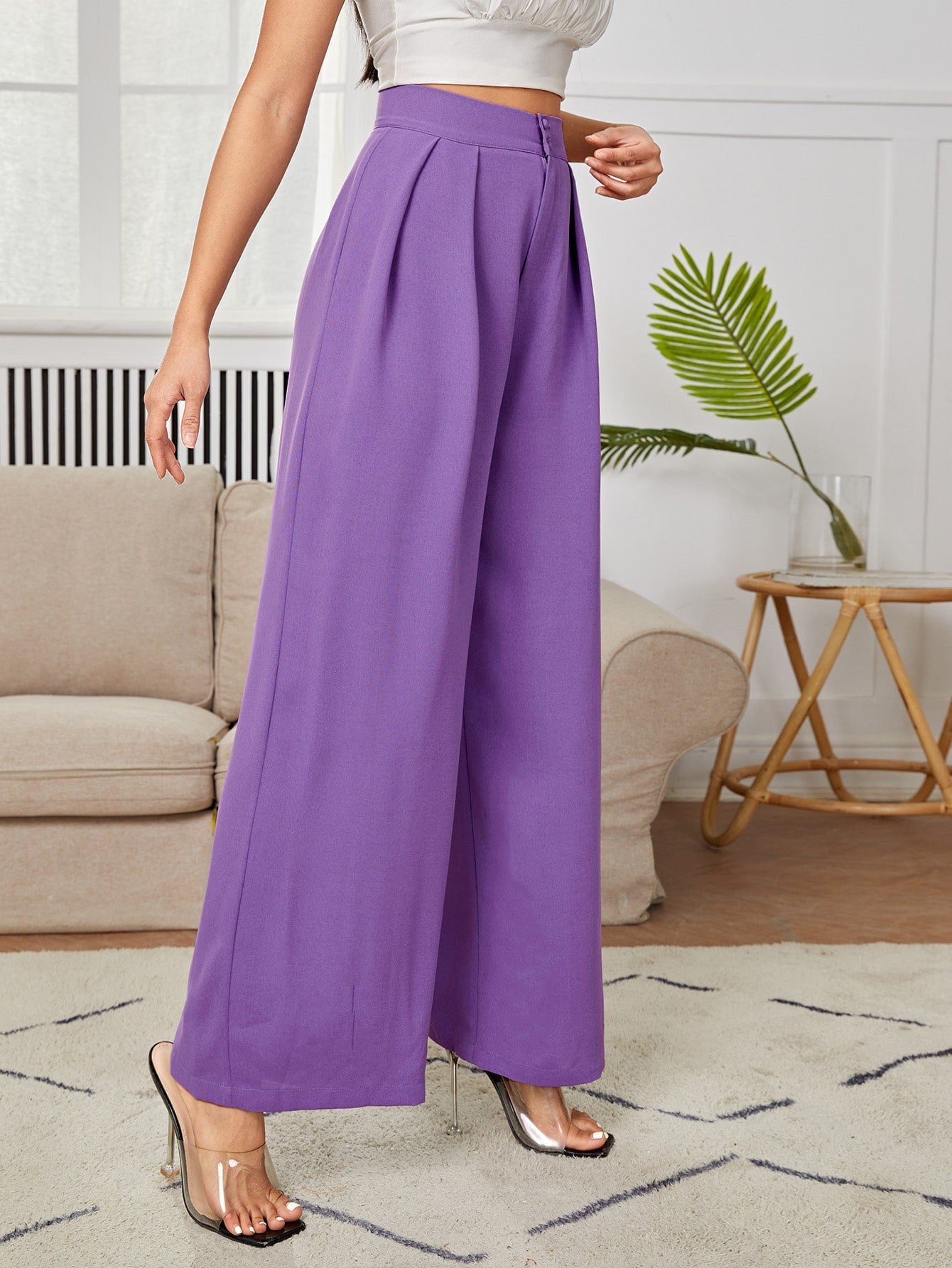 Calça Julian De Cintura Alta Com Detalhes Plissados e Pernas Largas - Tiffani Moda Feminina