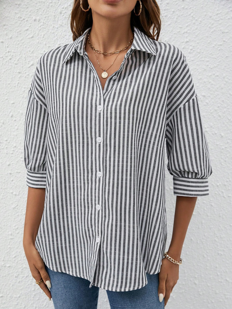 Camisa Bevely Listrada De Manga Comprida - Tiffani Moda Feminina