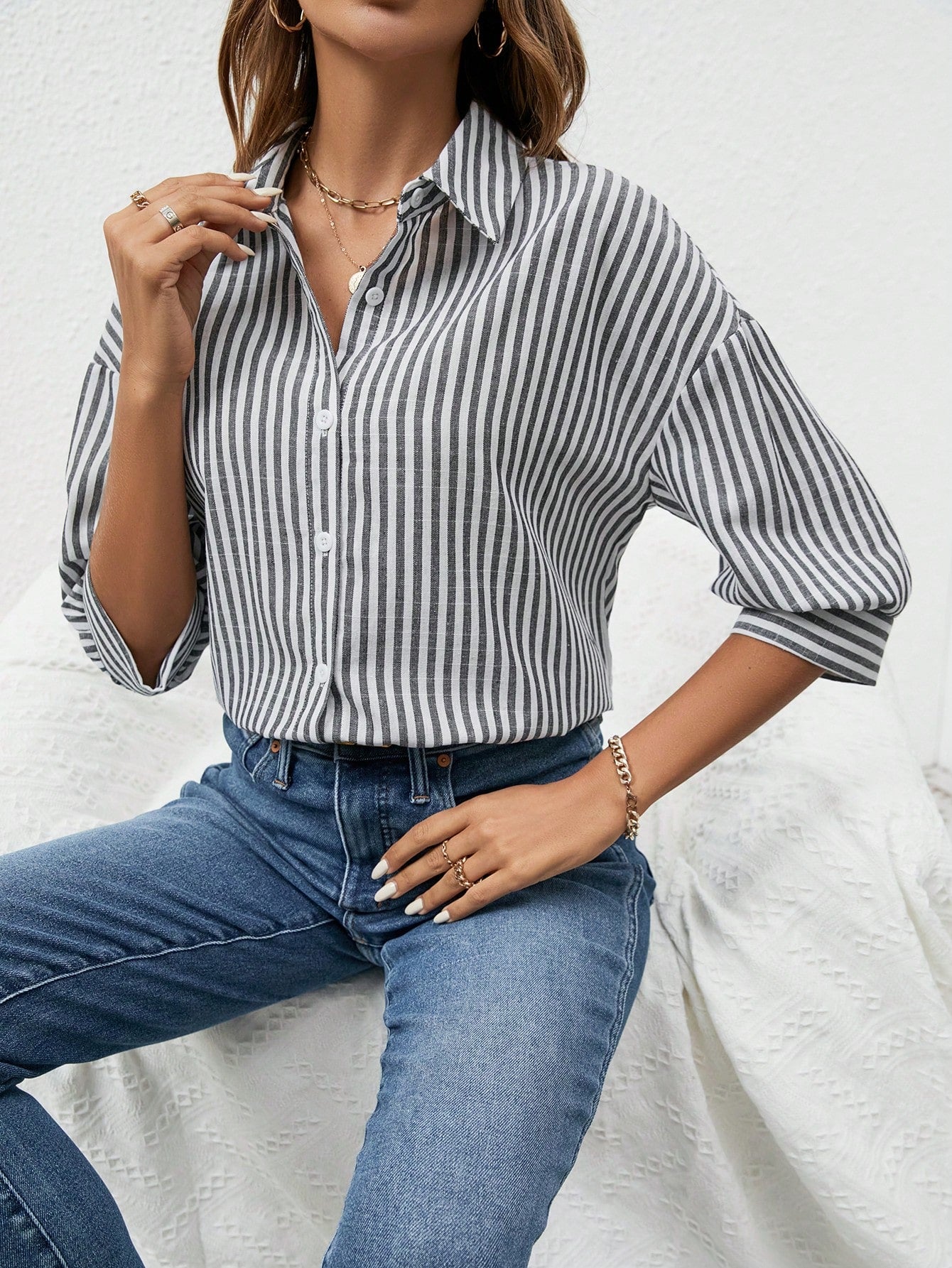 Camisa Bevely Listrada De Manga Comprida - Tiffani Moda Feminina