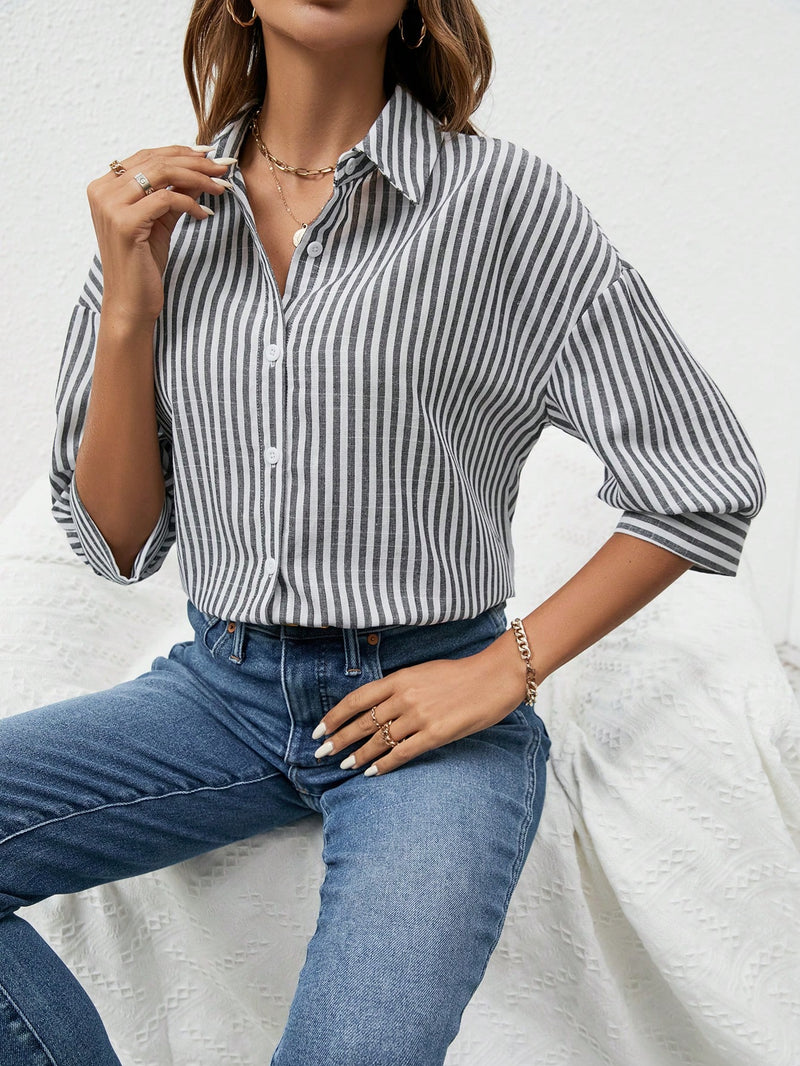 Camisa Bevely Listrada De Manga Comprida - Tiffani Moda Feminina