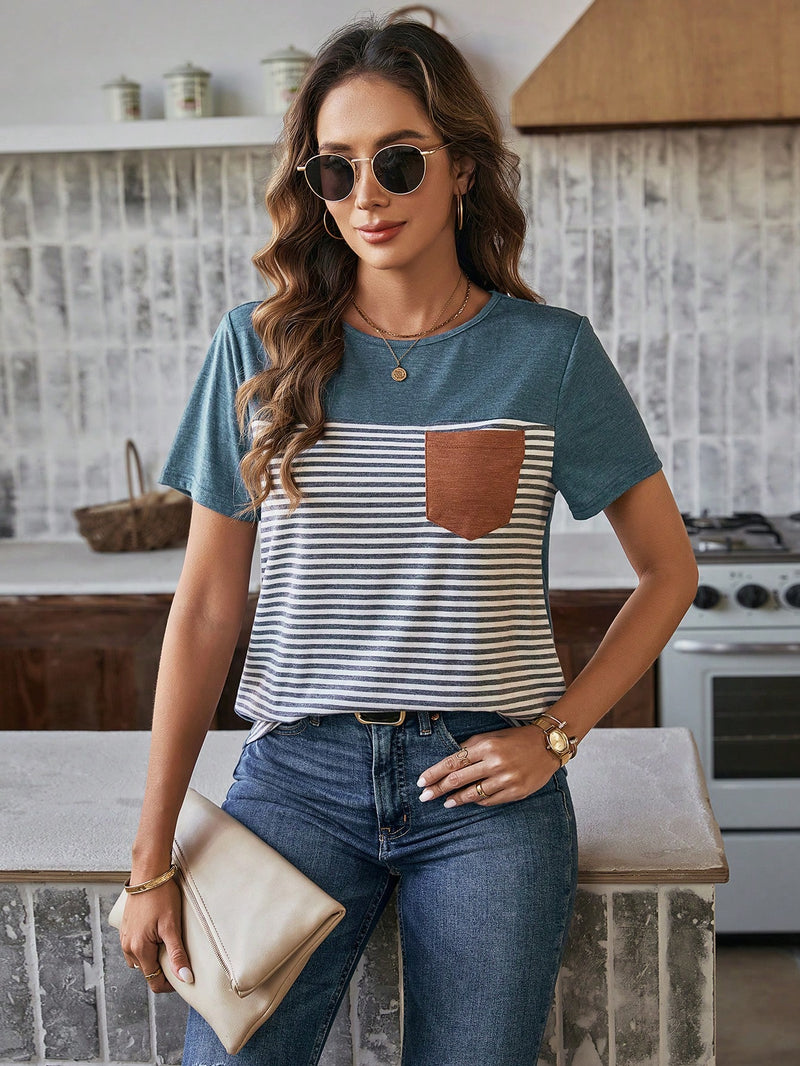 Camiseta Vivian Com Bolso Listrado - Tiffani Moda Feminina