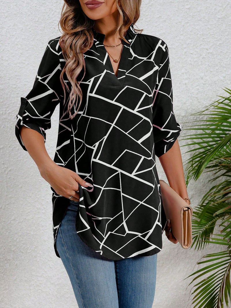 Blusa Junia Impressão Geográfica Bainha Curvada - Tiffani Moda Feminina