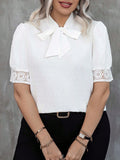 Blusa Emily Plus Size De Manga Curta Com Renda E Laço Na Gola - Tiffani Moda Feminina