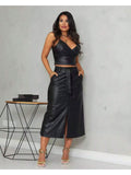 Conjunto Grazy Retrô em Courino saia midi com fenda e cropped