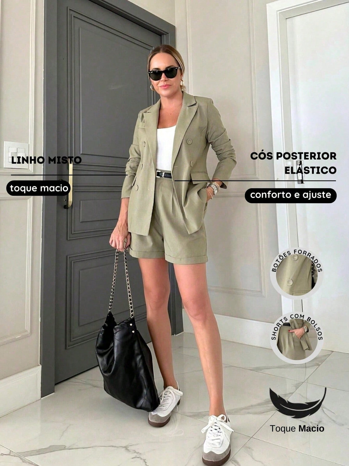 Conjunto Moderninha Alfaiataria de Linho com Blazer e Shorts