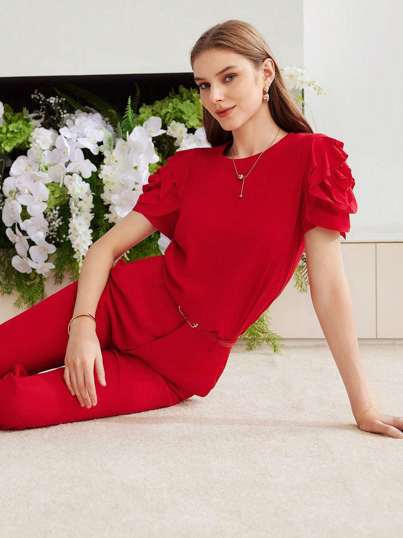 Camiseta MOTF Com Manga Bufante E Babado Em Camadas - Tiffani Moda Feminina