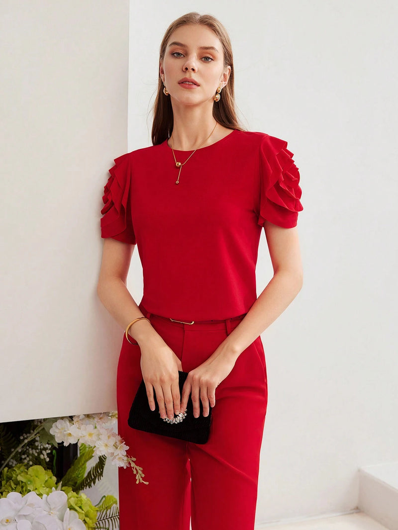 Camiseta MOTF Com Manga Bufante E Babado Em Camadas - Tiffani Moda Feminina