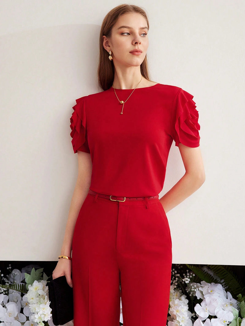 Camiseta MOTF Com Manga Bufante E Babado Em Camadas - Tiffani Moda Feminina