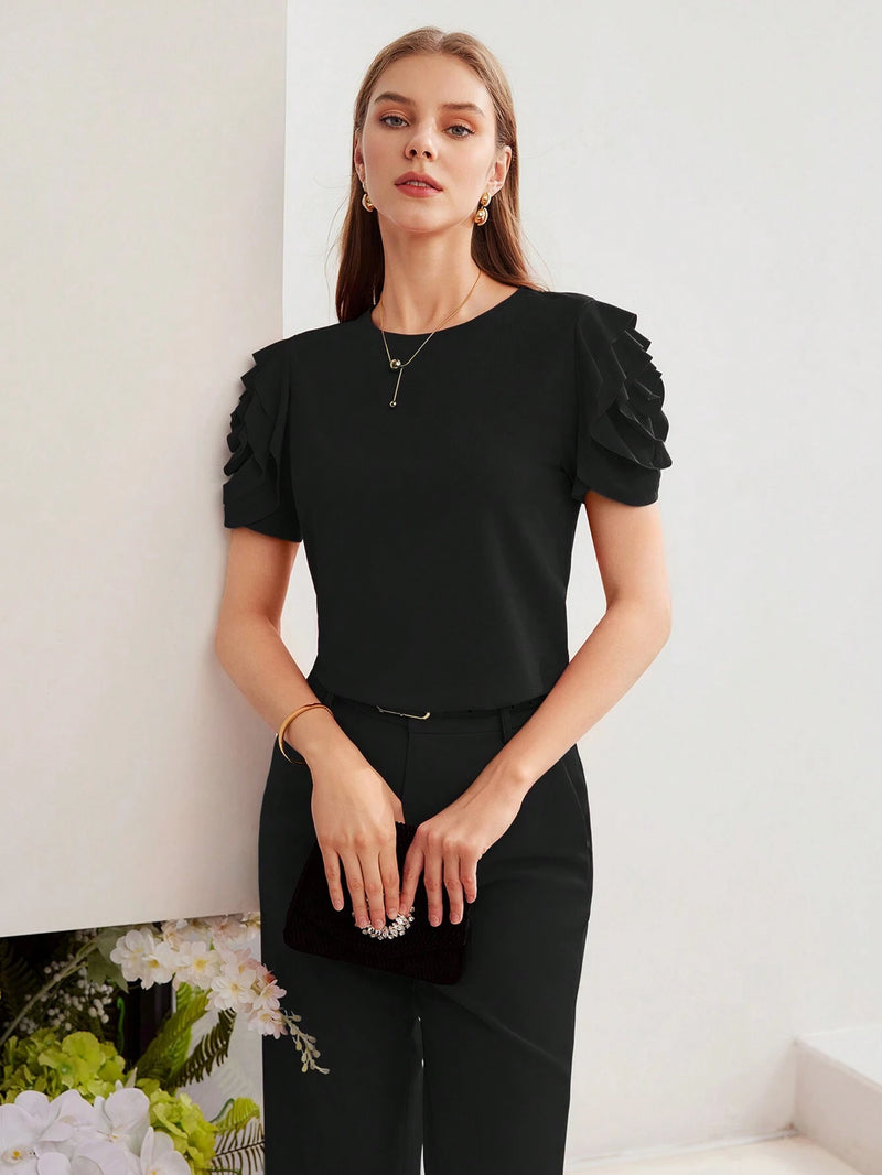 Camiseta MOTF Com Manga Bufante E Babado Em Camadas - Tiffani Moda Feminina
