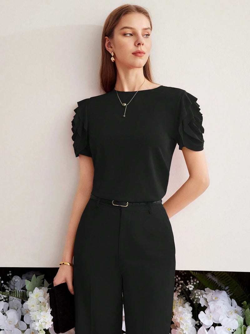 Camiseta MOTF Com Manga Bufante E Babado Em Camadas - Tiffani Moda Feminina