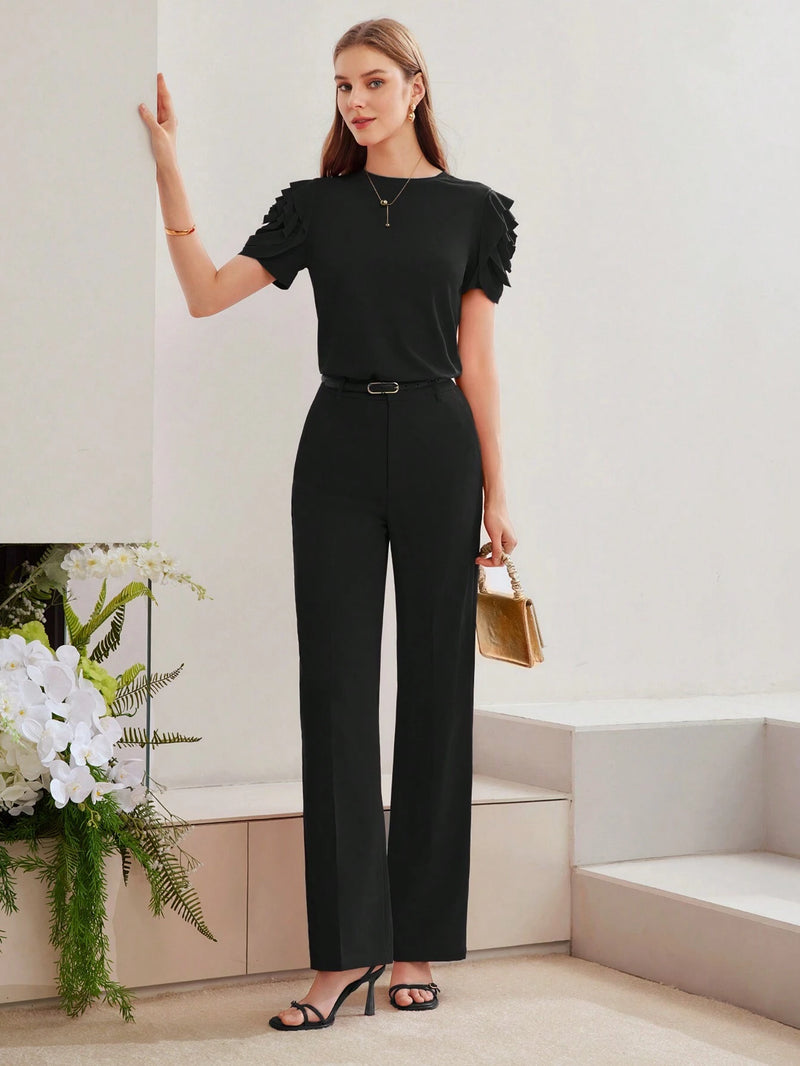 Camiseta MOTF Com Manga Bufante E Babado Em Camadas - Tiffani Moda Feminina
