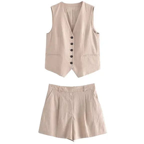 Conjunto Tiffani short médio e colete em alfaiataria