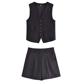 Conjunto Tiffani short médio e colete em alfaiataria