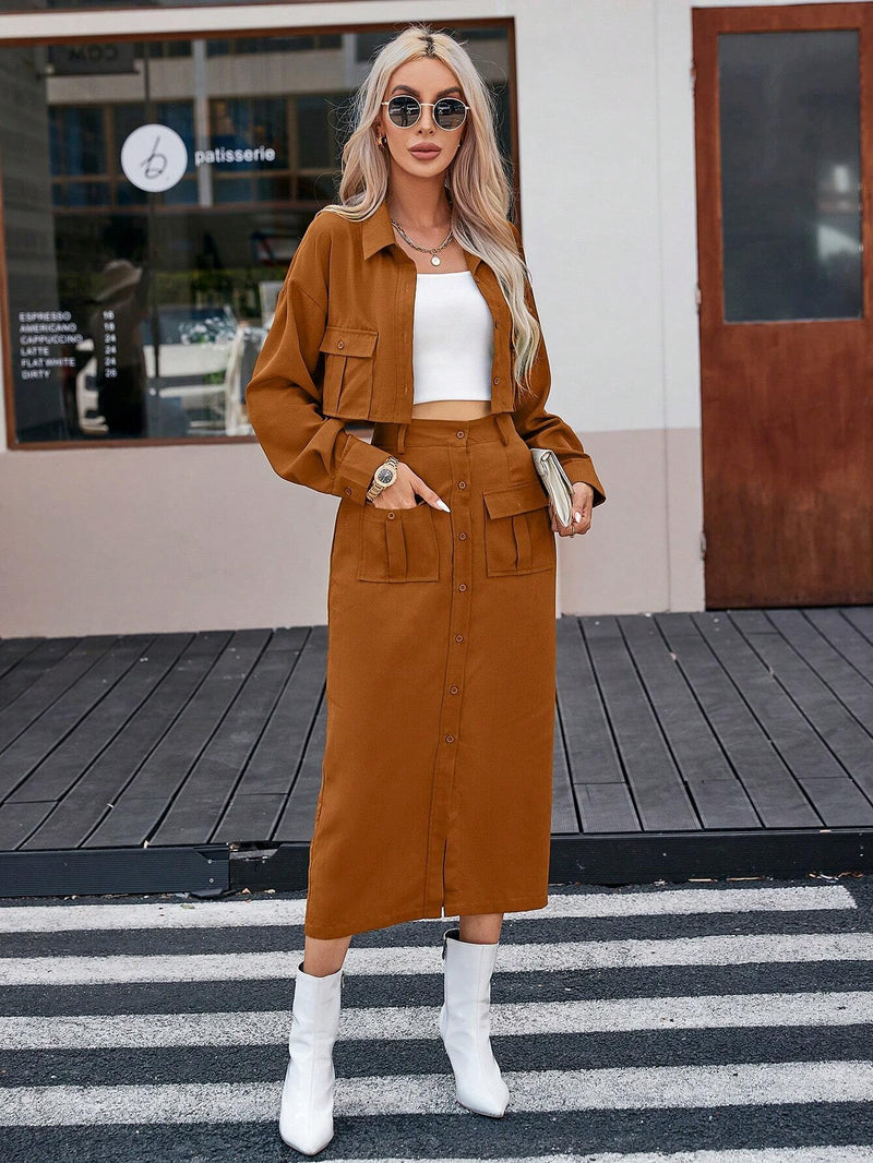 Jaqueta Beatriz Com Bolsos E Saia Casual