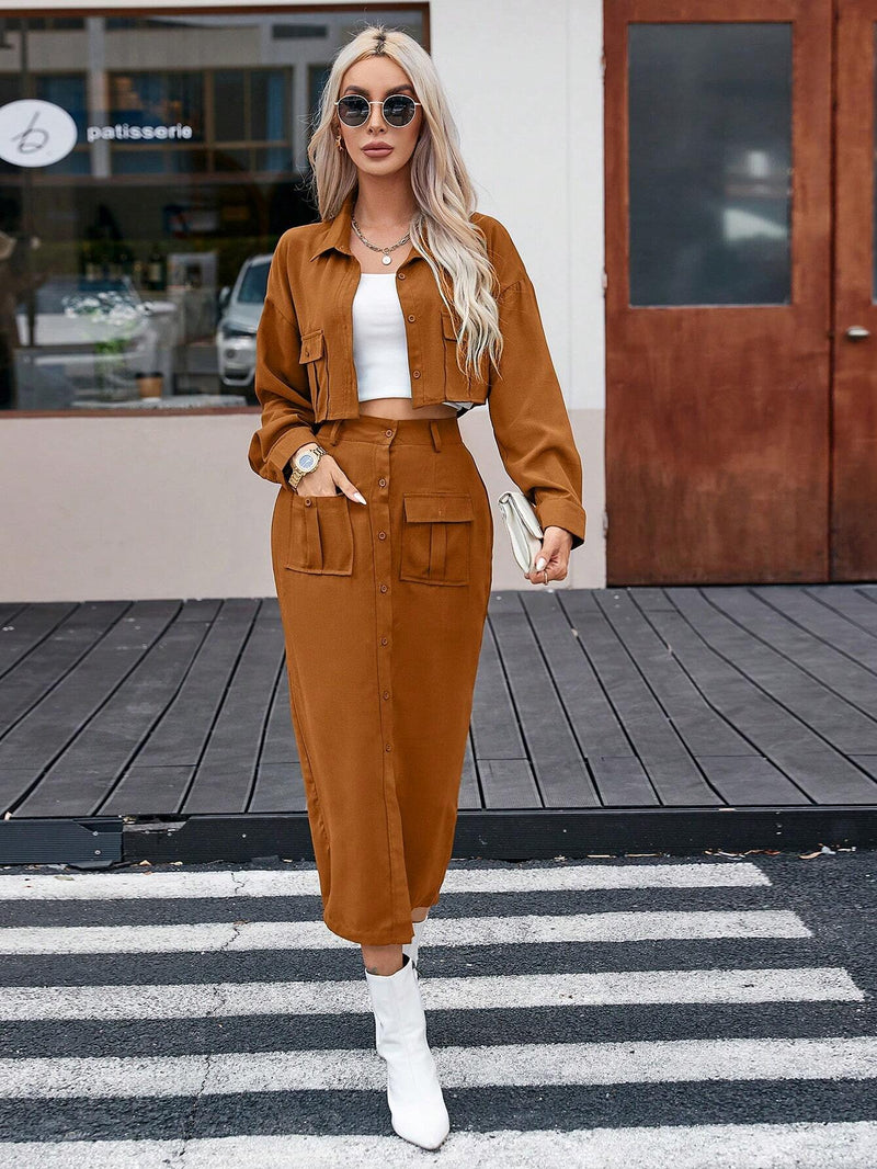 Jaqueta Beatriz Com Bolsos E Saia Casual