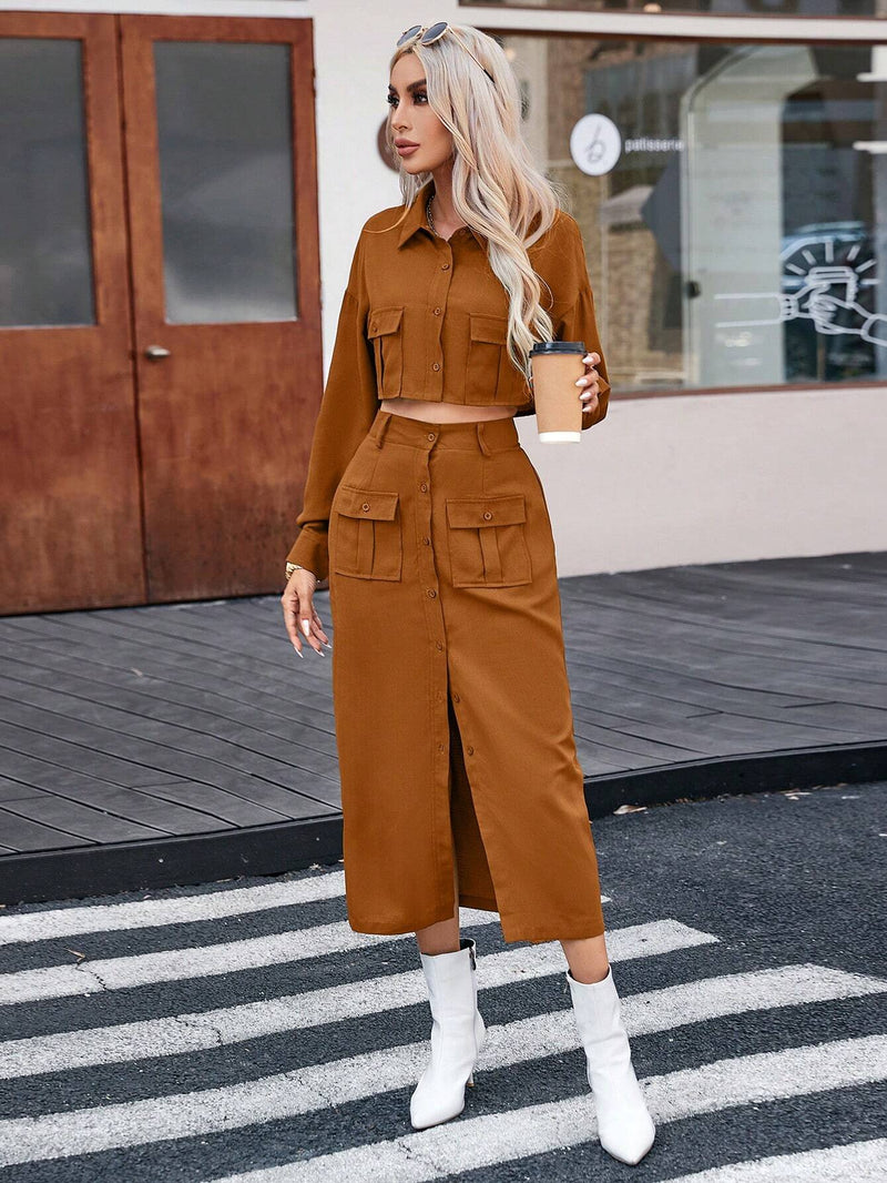 Jaqueta Beatriz Com Bolsos E Saia Casual