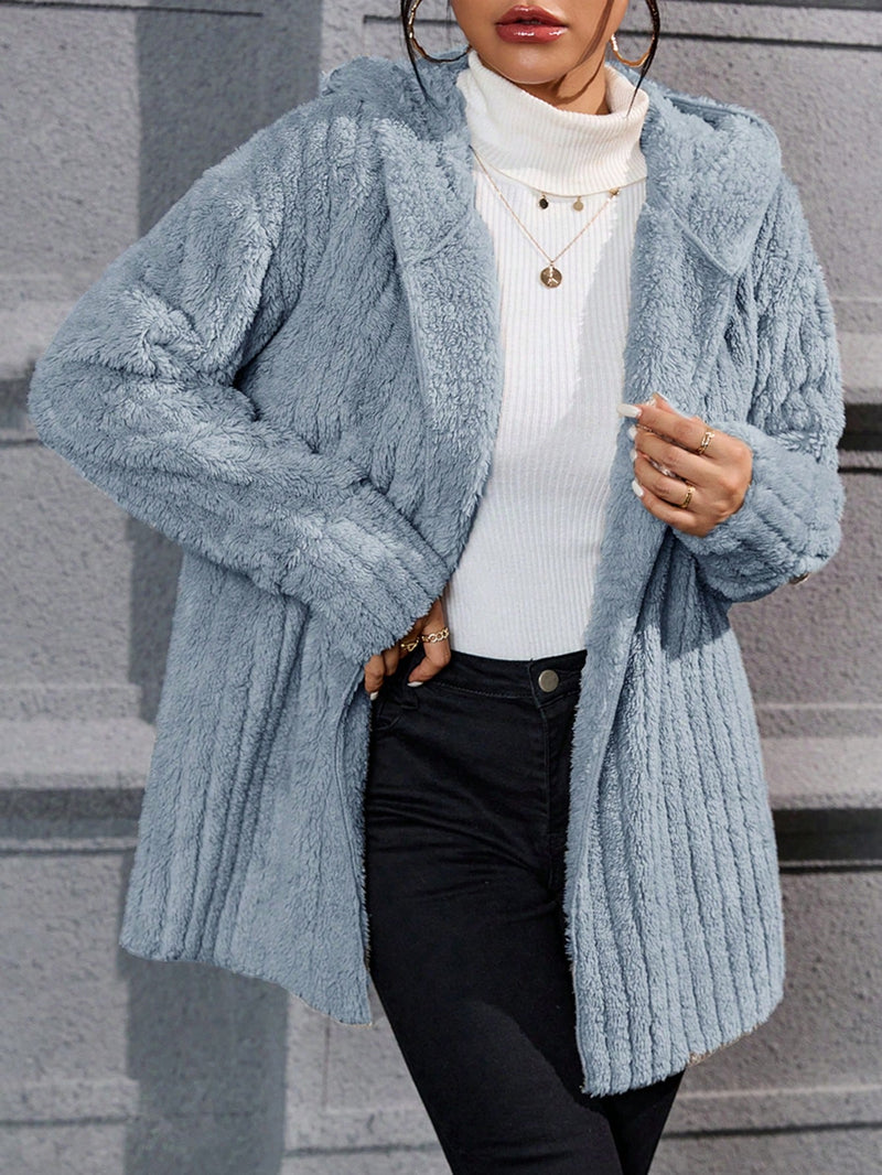 Casaco Bruma Elegante De Pelúcia Com Capuz Feminina