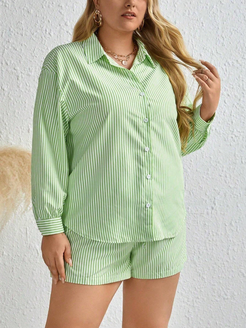 Camiseta & Shorts Plus-Size Impressão Listrada - Tiffani Moda Feminina