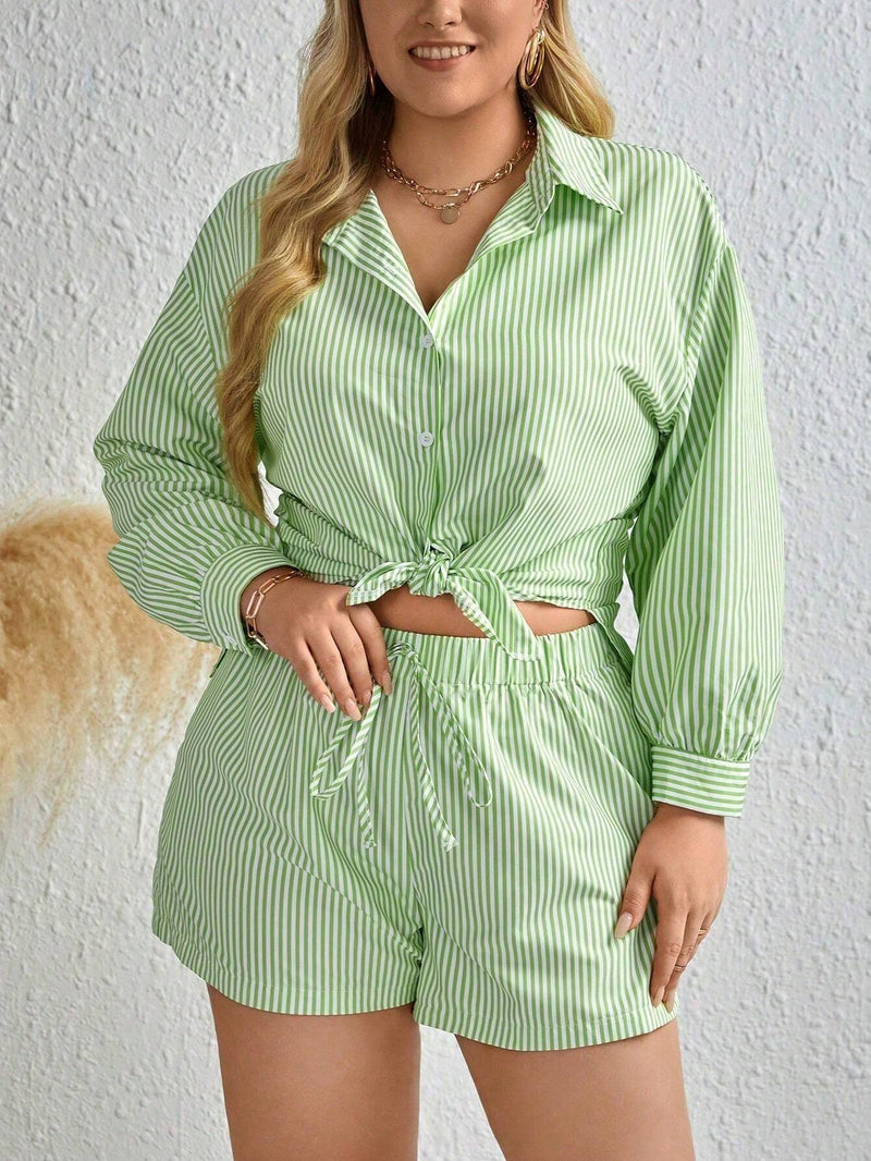 Camiseta & Shorts Plus-Size Impressão Listrada - Tiffani Moda Feminina