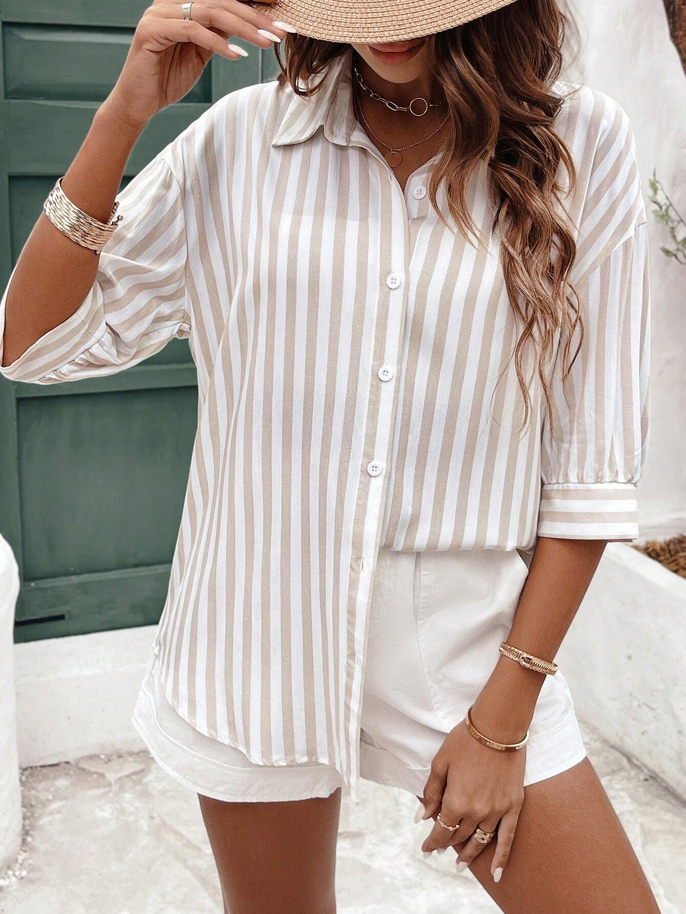 Camisa Bevely Listrada De Manga Comprida - Tiffani Moda Feminina