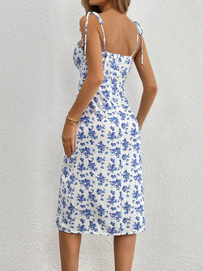 Vestido Paris Floral Amarrar o ombro Coxa dividida