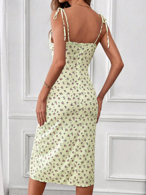 Vestido Paris Floral Amarrar o ombro Coxa dividida