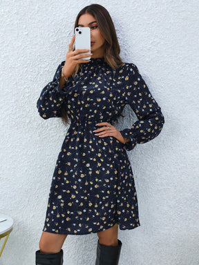 Vestido Elegância Flor de Outono de Manga Longa