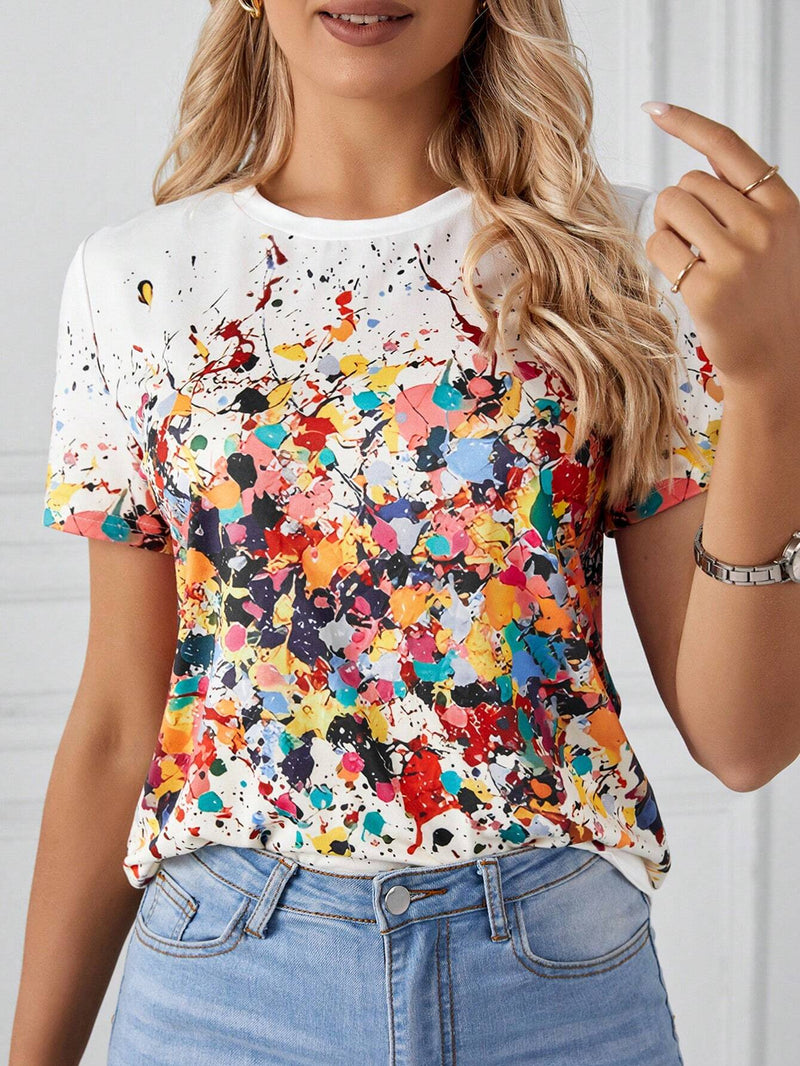 Camiseta De Manga Curta Com Estampa De Respingos De Tinta - Tiffani Moda Feminina