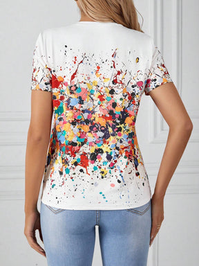 Camiseta De Manga Curta Com Estampa De Respingos De Tinta - Tiffani Moda Feminina