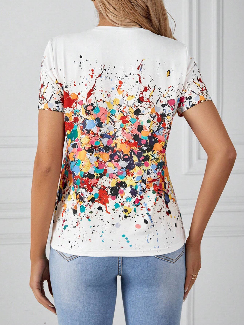 Camiseta De Manga Curta Com Estampa De Respingos De Tinta - Tiffani Moda Feminina