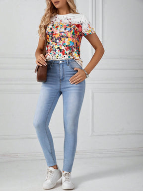Camiseta De Manga Curta Com Estampa De Respingos De Tinta - Tiffani Moda Feminina