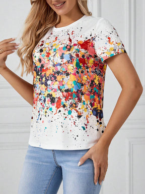 Camiseta De Manga Curta Com Estampa De Respingos De Tinta - Tiffani Moda Feminina