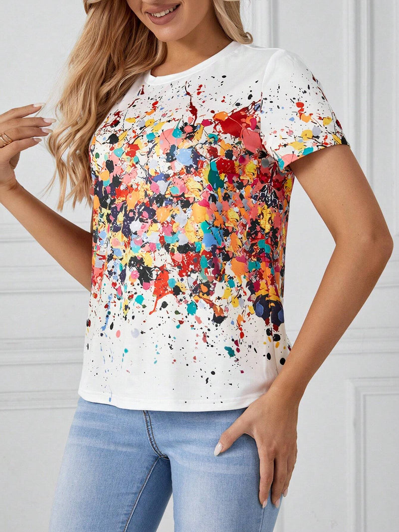 Camiseta De Manga Curta Com Estampa De Respingos De Tinta - Tiffani Moda Feminina
