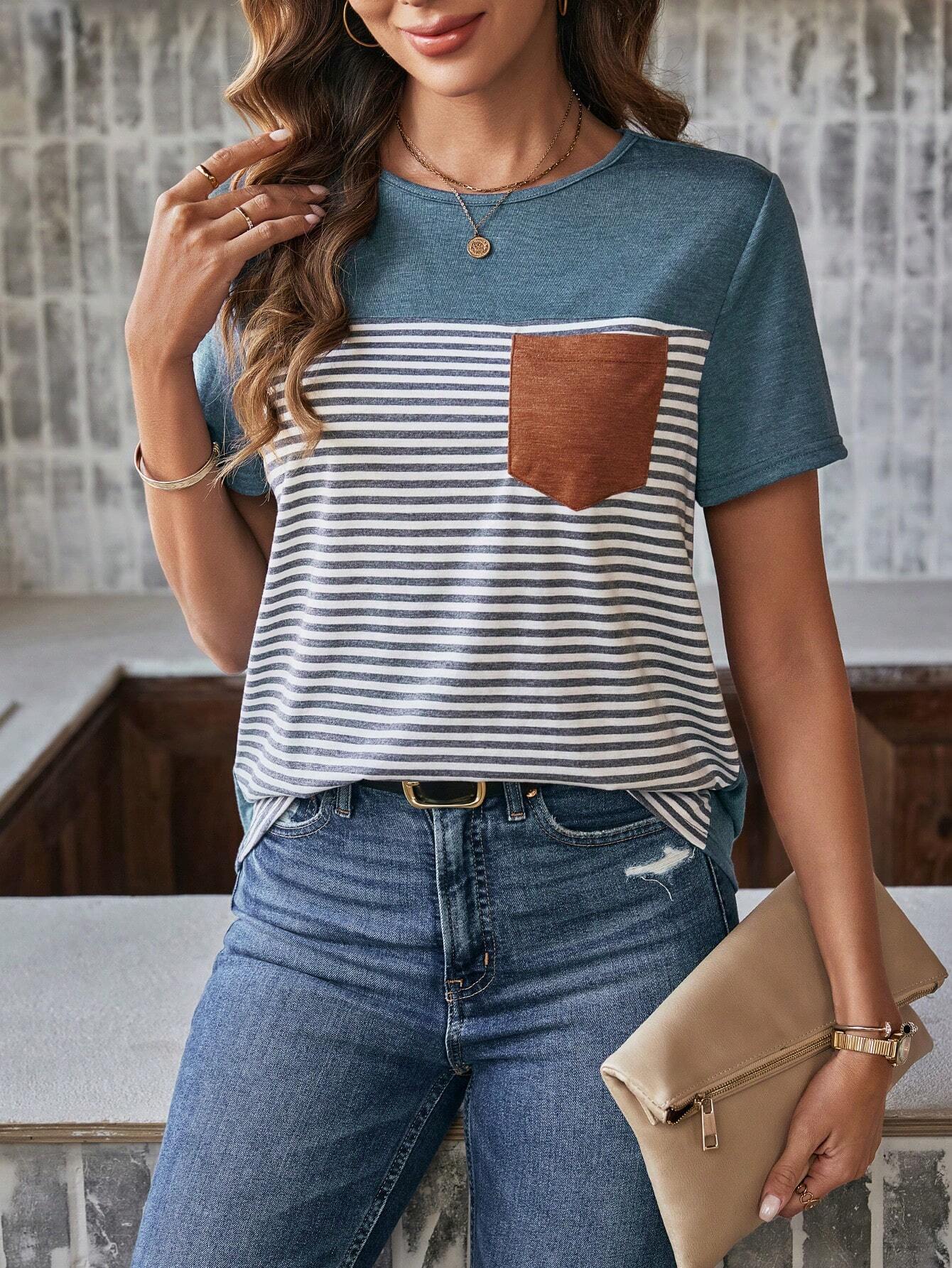 Camiseta Vivian Com Bolso Listrado - Tiffani Moda Feminina