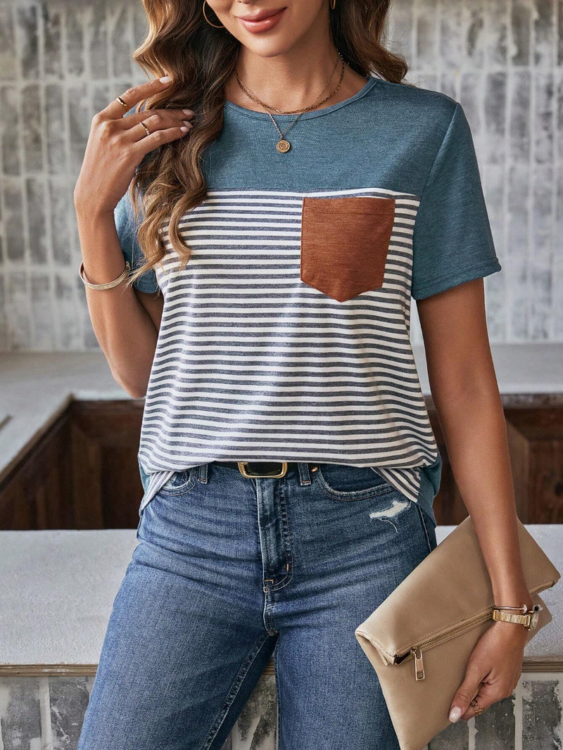 Camiseta Vivian Com Bolso Listrado - Tiffani Moda Feminina