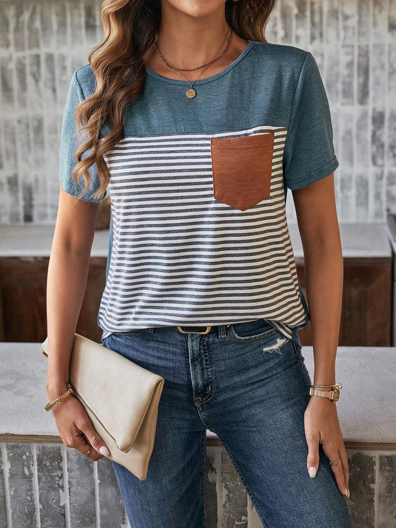 Camiseta Vivian Com Bolso Listrado - Tiffani Moda Feminina
