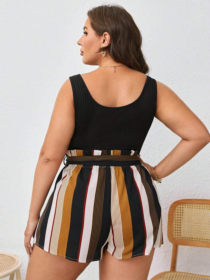 Macacão Lunna Plus-Size Listrada Com Cinto - Tiffani Moda Feminina