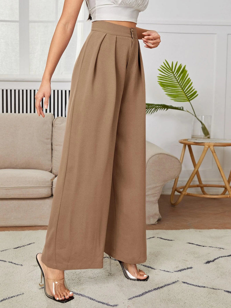 Calça Julian De Cintura Alta Com Detalhes Plissados e Pernas Largas - Tiffani Moda Feminina