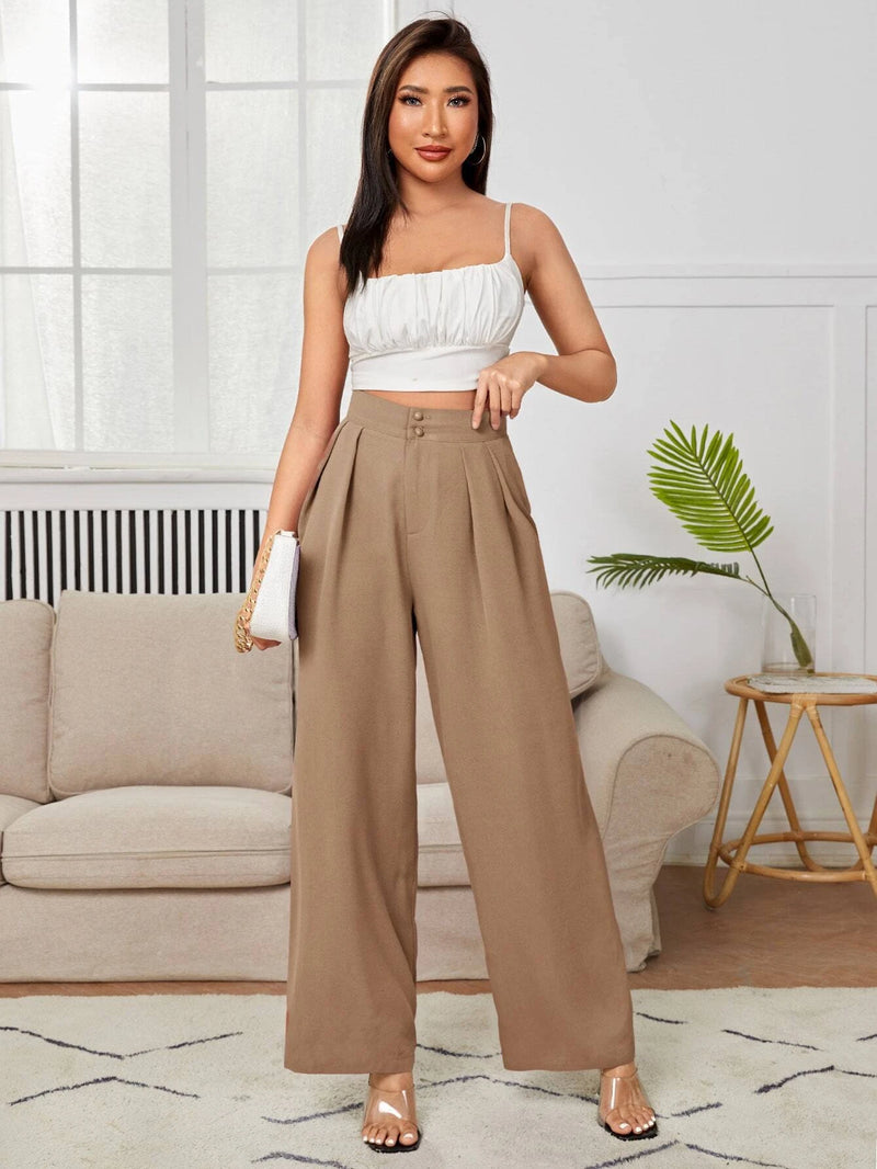 Calça Julian De Cintura Alta Com Detalhes Plissados e Pernas Largas - Tiffani Moda Feminina