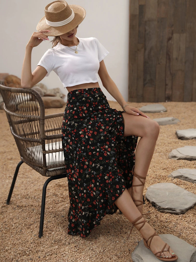Saia Floral Byan Bainha Assimétrica - Tiffani Moda Feminina