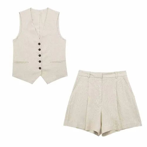 Conjunto Tiffani short médio e colete em alfaiataria