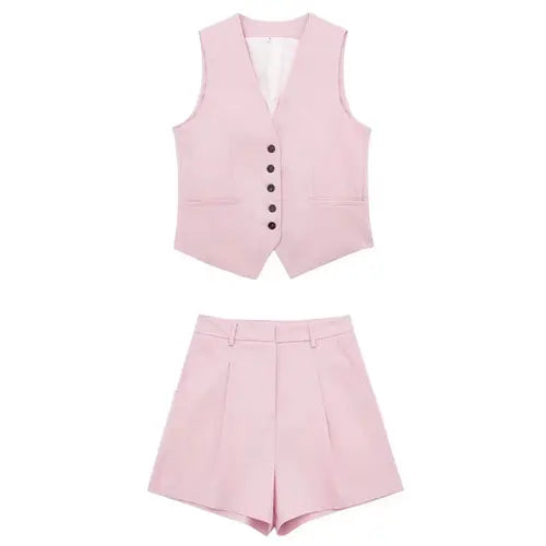 Conjunto Tiffani short médio e colete em alfaiataria